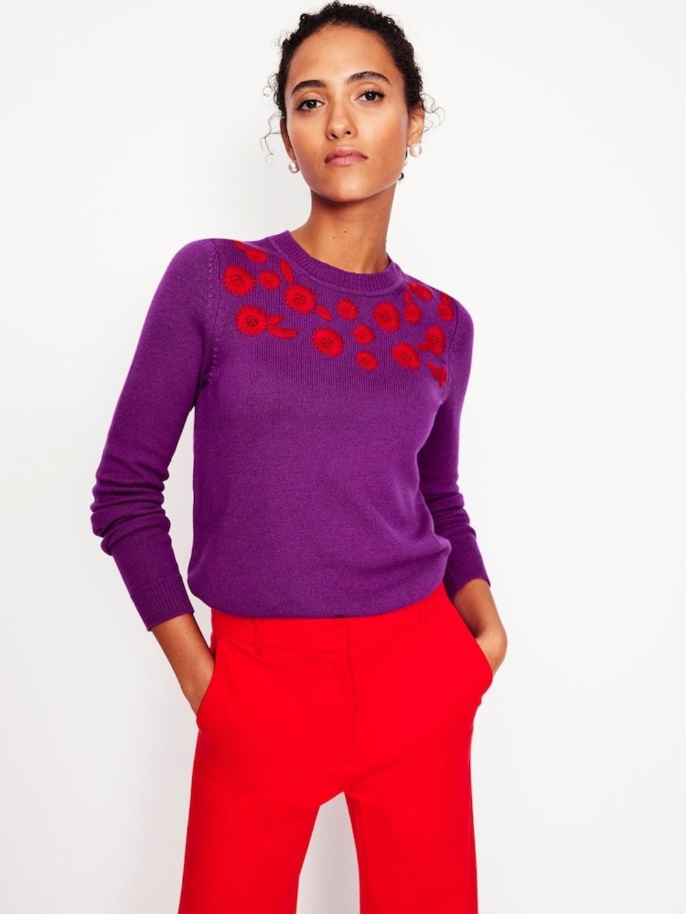 Boden Embroidered Floral Cashmere Wool Blend Sweater Regal Purple Red Size S NWT